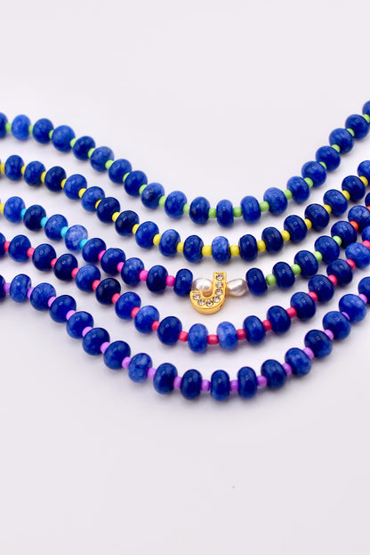 Handmade Blue Stone Bead Bracelet, Gold Initial Bracelet, Personalized Monogram Jewelry, Colorful Stackable Bracelets, Custom Gift for Her