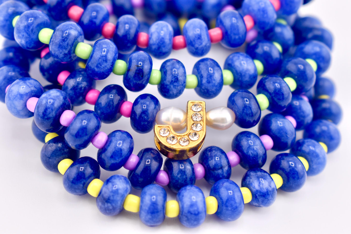 Handmade Blue Stone Bead Bracelet, Gold Initial Bracelet, Personalized Monogram Jewelry, Colorful Stackable Bracelets, Custom Gift for Her