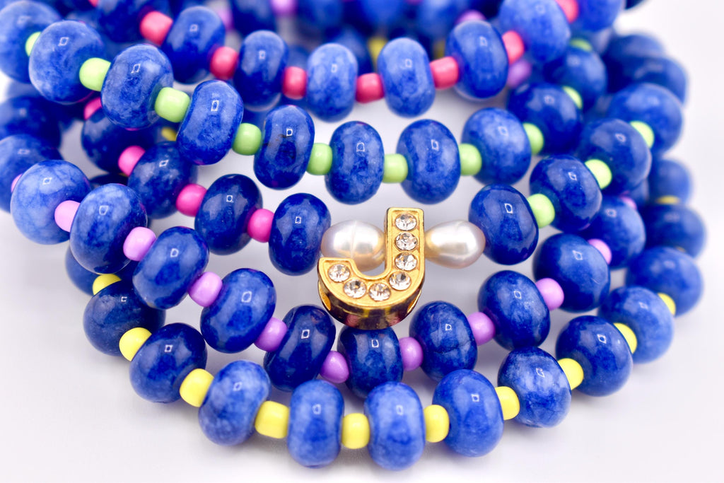 Cobalt Blue Stone Bead Bracelet, Gold Initial Charm, Crystal Accent, Pearl Detail