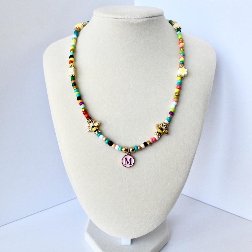 Rainbow Seed Bead Necklace: Custom Initial Charm, Bumblebee Accent