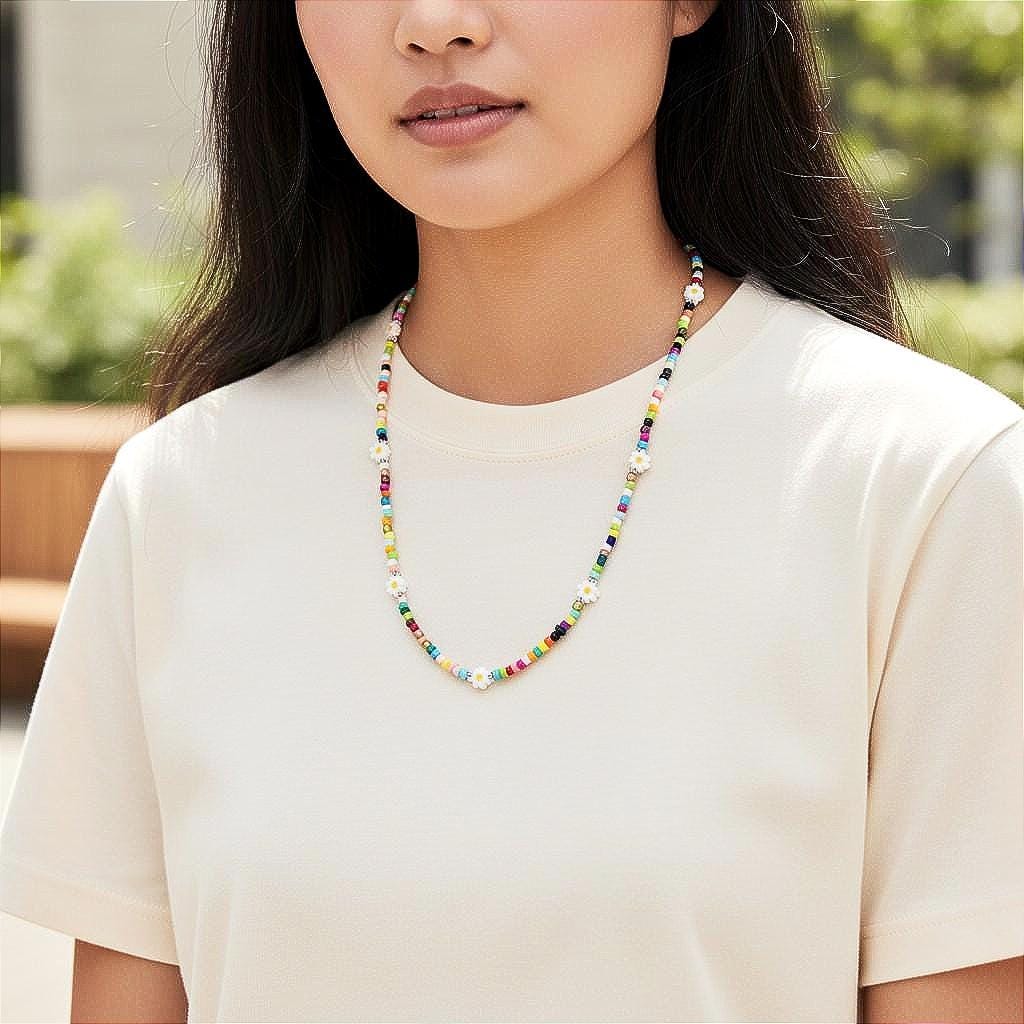Colorful Seed Bead Daisy Necklace