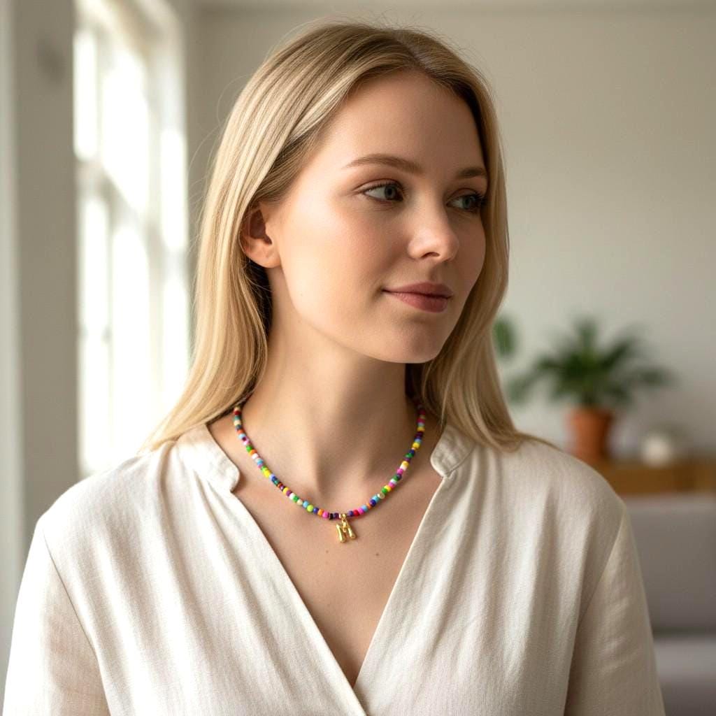 Rainbow Seed Bead Necklace with Gold Filled Initial Charm