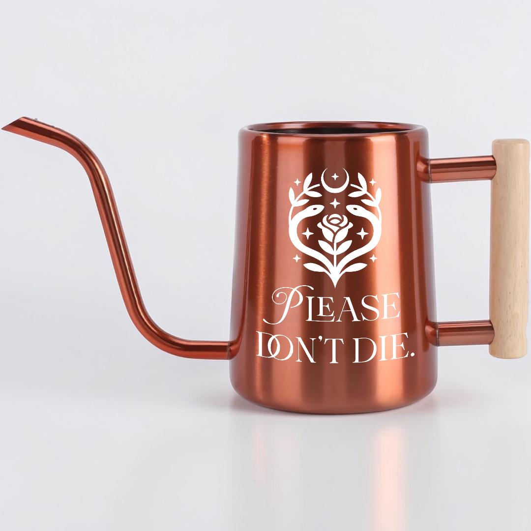 Metal Watering Can with Please Don't Die Plant Pun Design