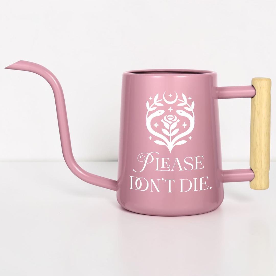 Metal Watering Can with Please Don't Die Plant Pun Design