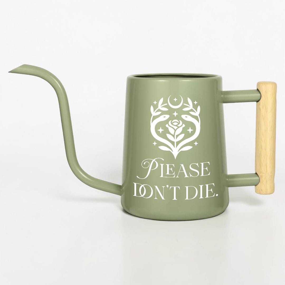 Metal Watering Can with Please Don't Die Plant Pun Design