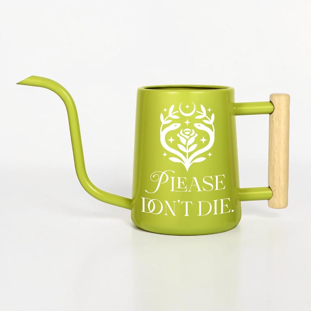 Metal Watering Can with Please Don't Die Plant Pun Design