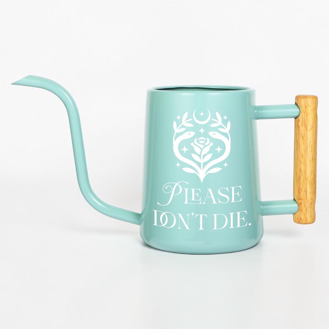 Metal Watering Can with Please Don't Die Plant Pun Design