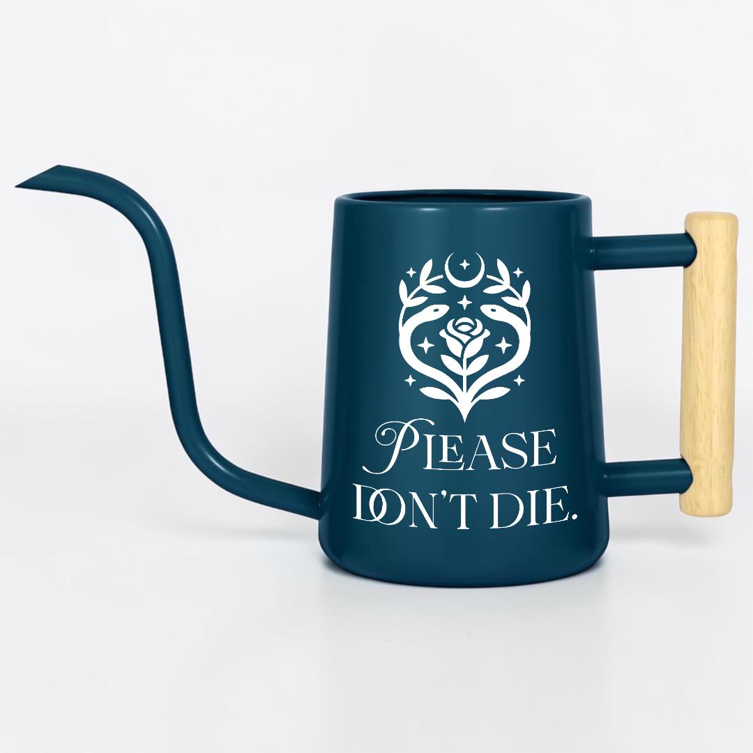 Metal Watering Can with Please Don't Die Plant Pun Design