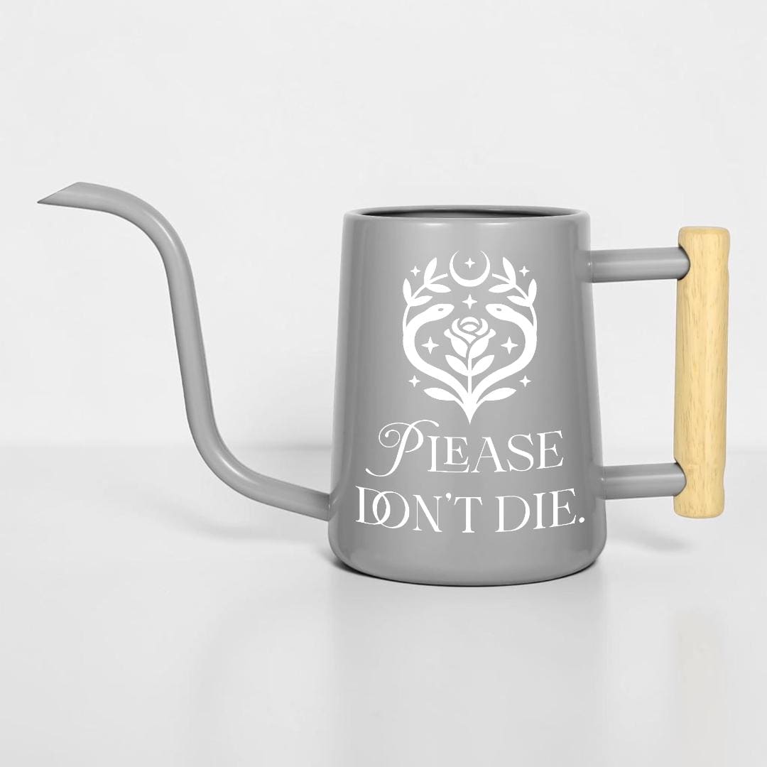 Metal Watering Can with Please Don't Die Plant Pun Design