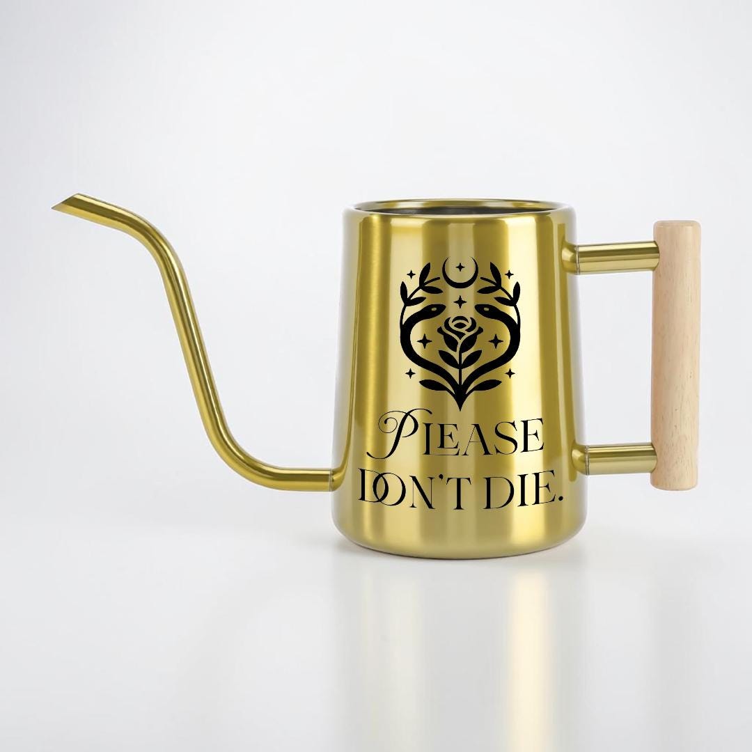 Metal Watering Can with Please Don't Die Plant Pun Design