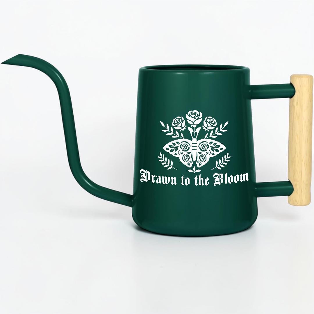 Gothic Moth Watering Can, Plant Watering Can with Wooden Handle, Floral Moth Plant Lover Gift, Goth Cottagecore Plant Decor