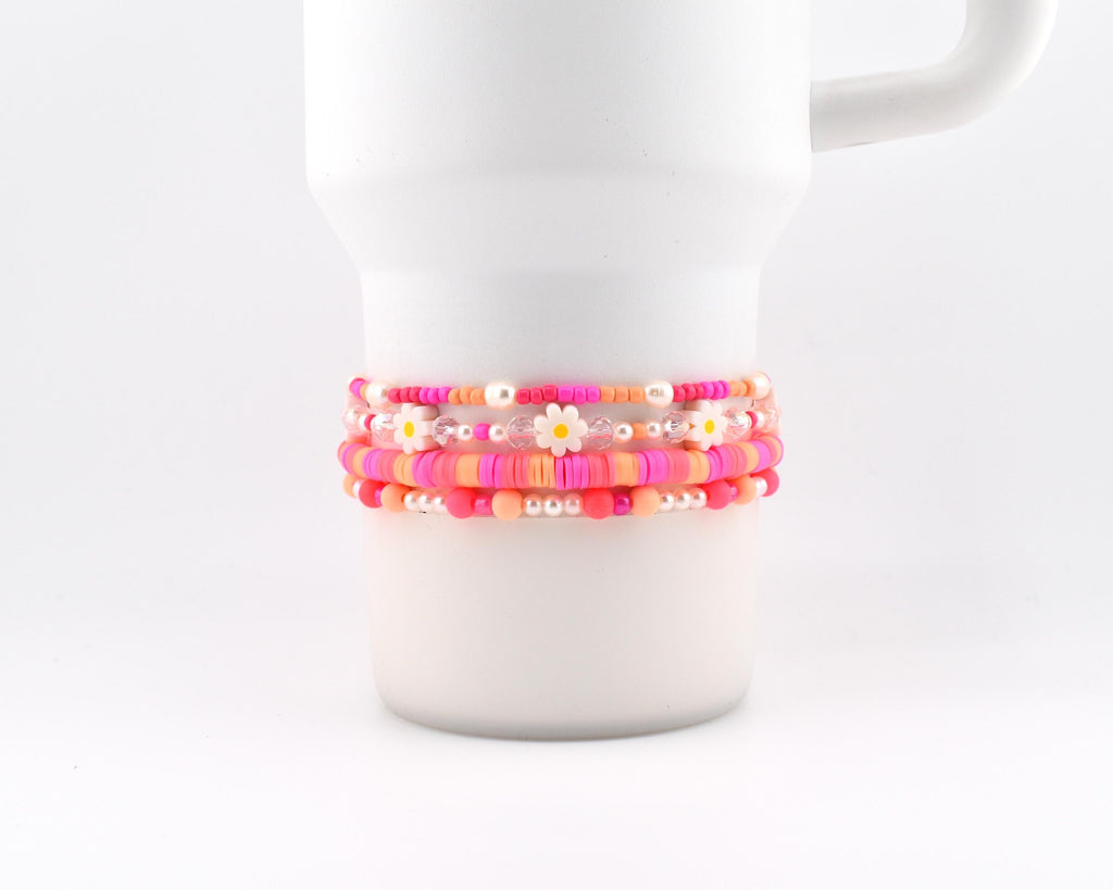 Sorbet Groove Beaded Bracelet Collection Pink Orange Daisy Accent Stackable Summer Jewelry