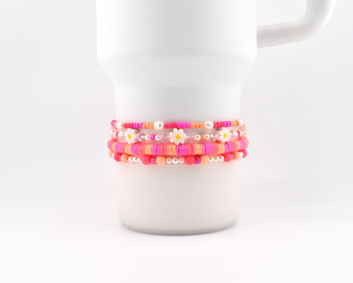 Sorbet Groove Beaded Bracelet Collection Pink Orange Daisy Accent Stackable Summer Jewelry