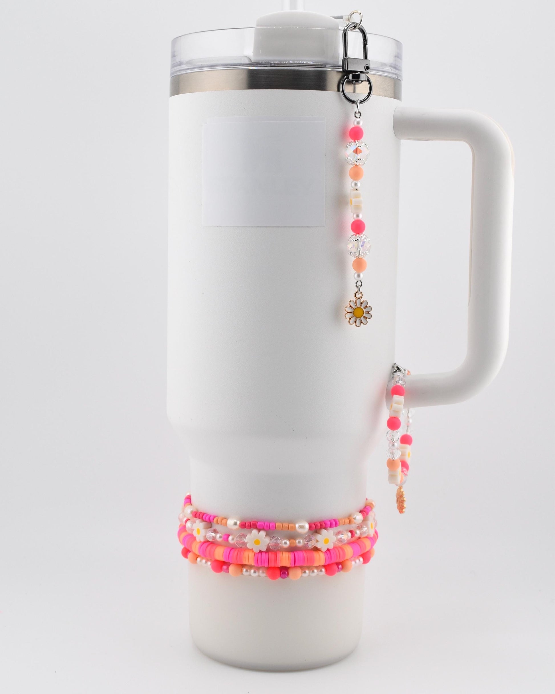 Sorbet Groove Tumbler Handle Charm: Pink and Orange Beaded Handle Charm with Daisy Accents