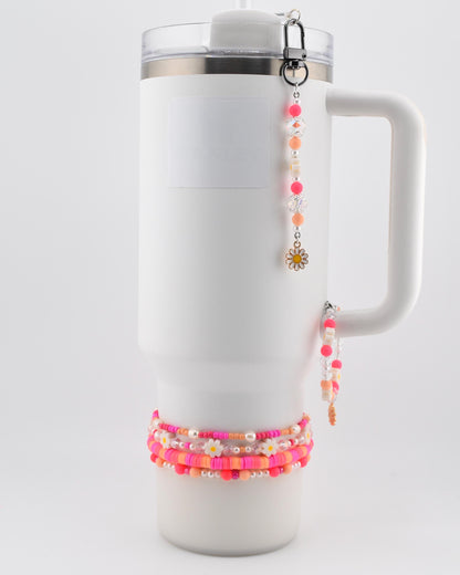 Sorbet Groove Tumbler Handle Charm: Pink and Orange Beaded Handle Charm with Daisy Accents