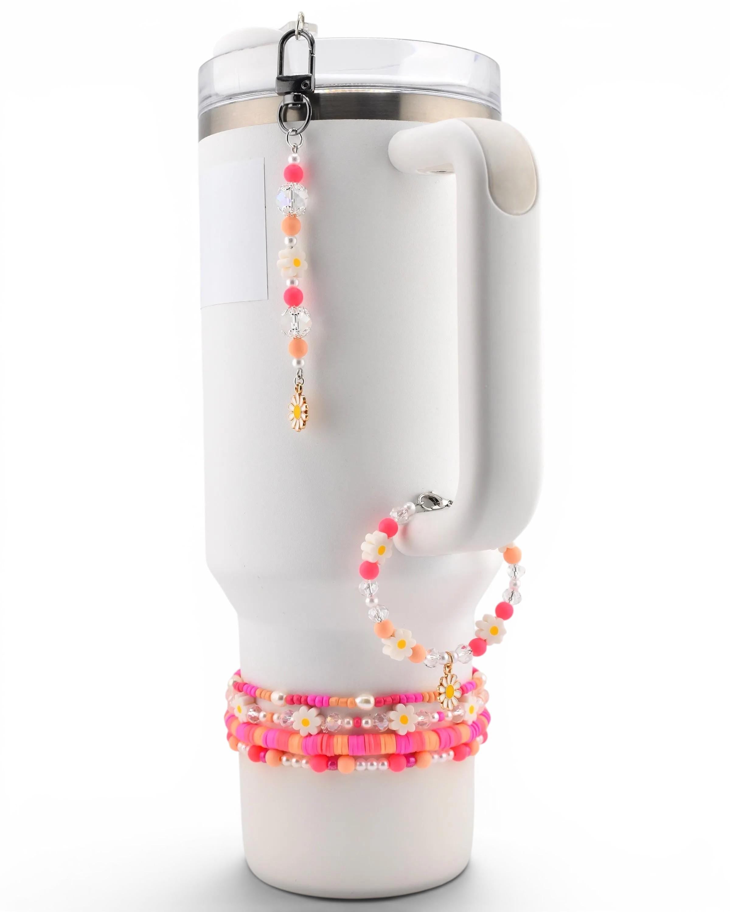 Sorbet Groove Tumbler Charm: Pink Orange Daisy Beaded Handle Accessory