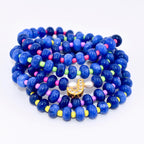 Cobalt Blue Stone Bead Bracelet, Gold Initial Charm, Crystal Accent, Pearl Detail