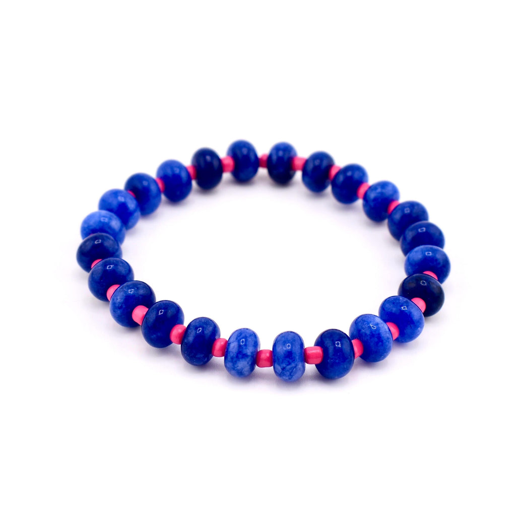 Cobalt Blue Stone Bead Bracelet, Gold Initial Charm, Crystal Accent, Pearl Detail