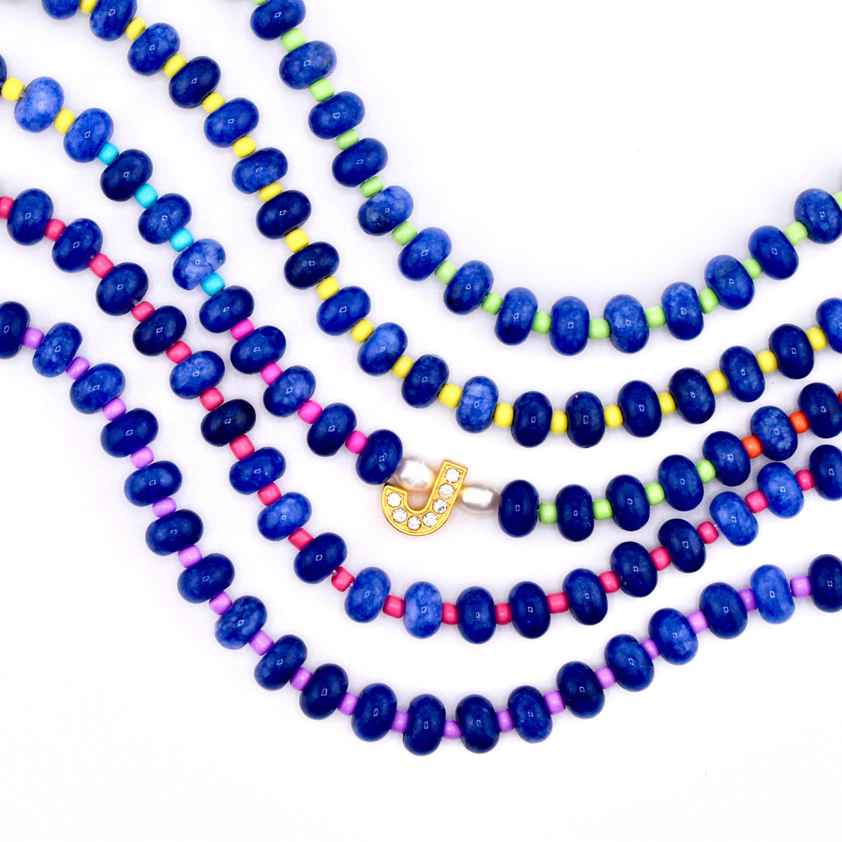 Cobalt Blue Stone Bead Bracelet, Gold Initial Charm, Crystal Accent, Pearl Detail