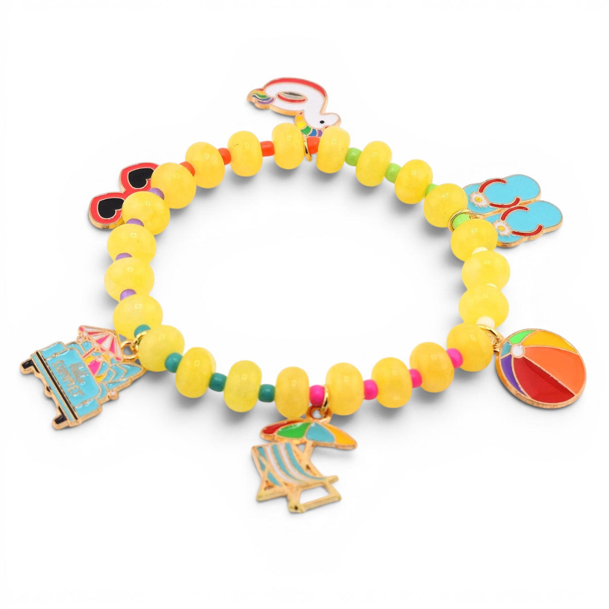 A beaded bracelet featuring yellow translucent disc-shaped beads and small colorful spacer beads. The bracelet includes several metal charms depicting a beach chair with an umbrella, a beach ball, flip-flops, sunglasses, and a floatie.