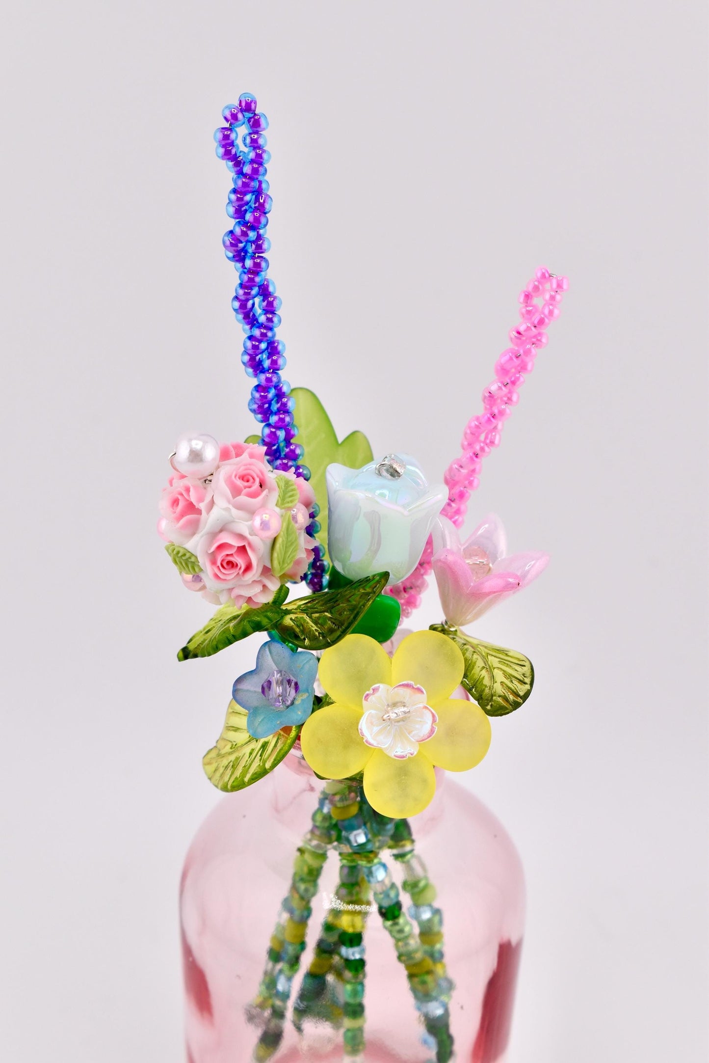 Beaded Flower Bouqet in Small Glass Bud Vase