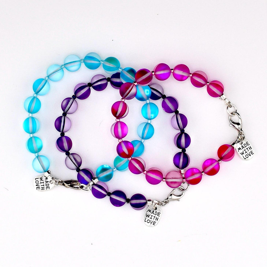 Frosted Glass Bead Bracelet: Sea Glass Style, Aqua, Pink, Purple Stackable Jewelry