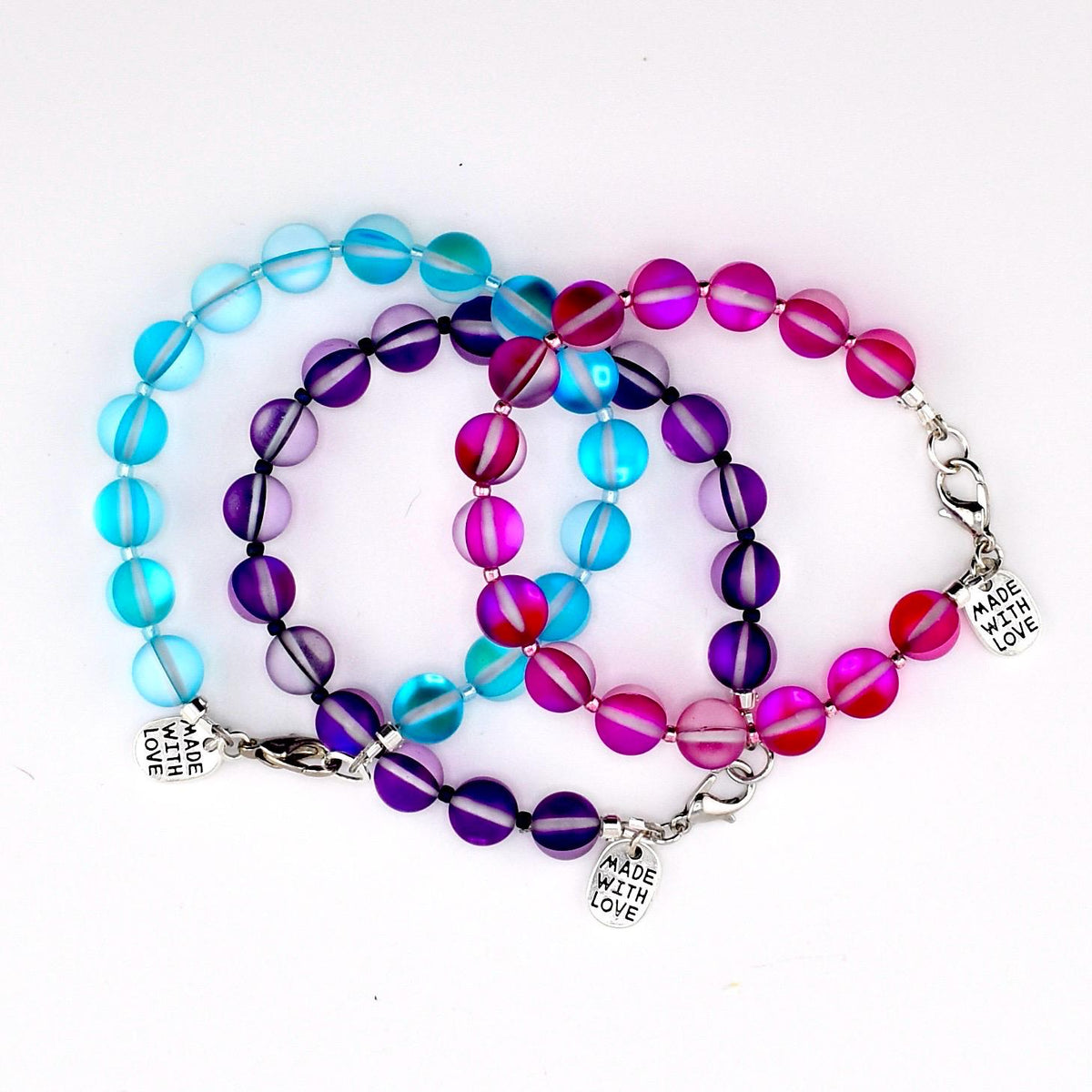 Frosted Glass Bead Bracelet: Sea Glass Style, Aqua, Pink, Purple Stackable Jewelry