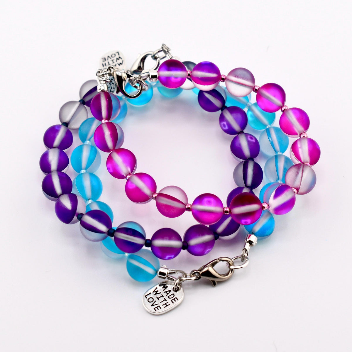 Frosted Glass Bead Bracelet: Sea Glass Style, Aqua, Pink, Purple Stackable Jewelry