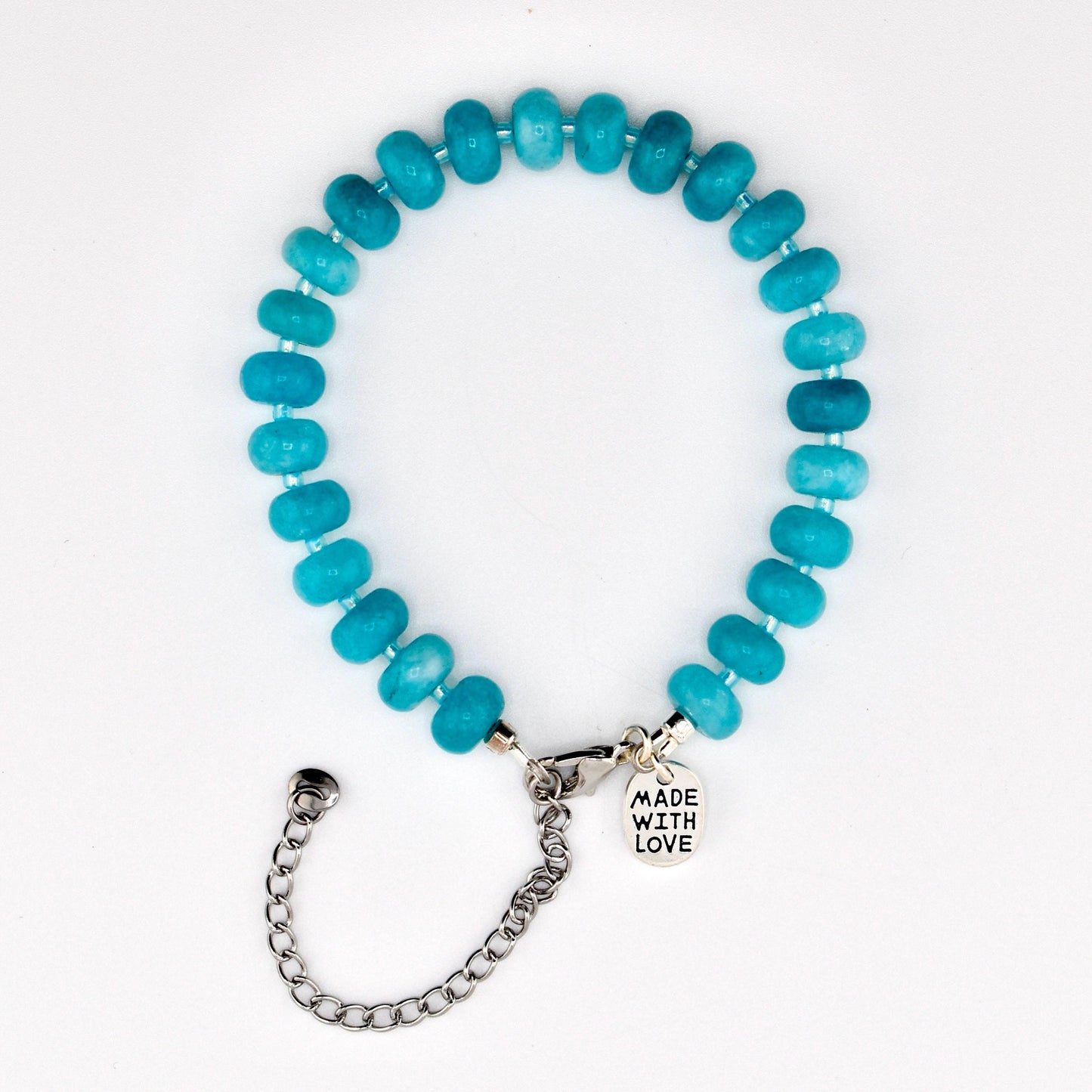 Dyed Jade Beaded Bracelet | Aqua Blue Gemstone Jewelry, Adjustable Chain
