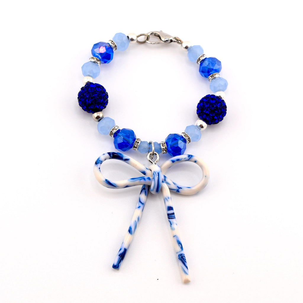 Blue Crystal Beaded Bracelet with Marbled Bow Charm | Handmade Tumbler Accessory