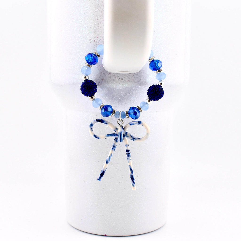 Blue Crystal Beaded Bracelet with Marbled Bow Charm | Handmade Tumbler Accessory