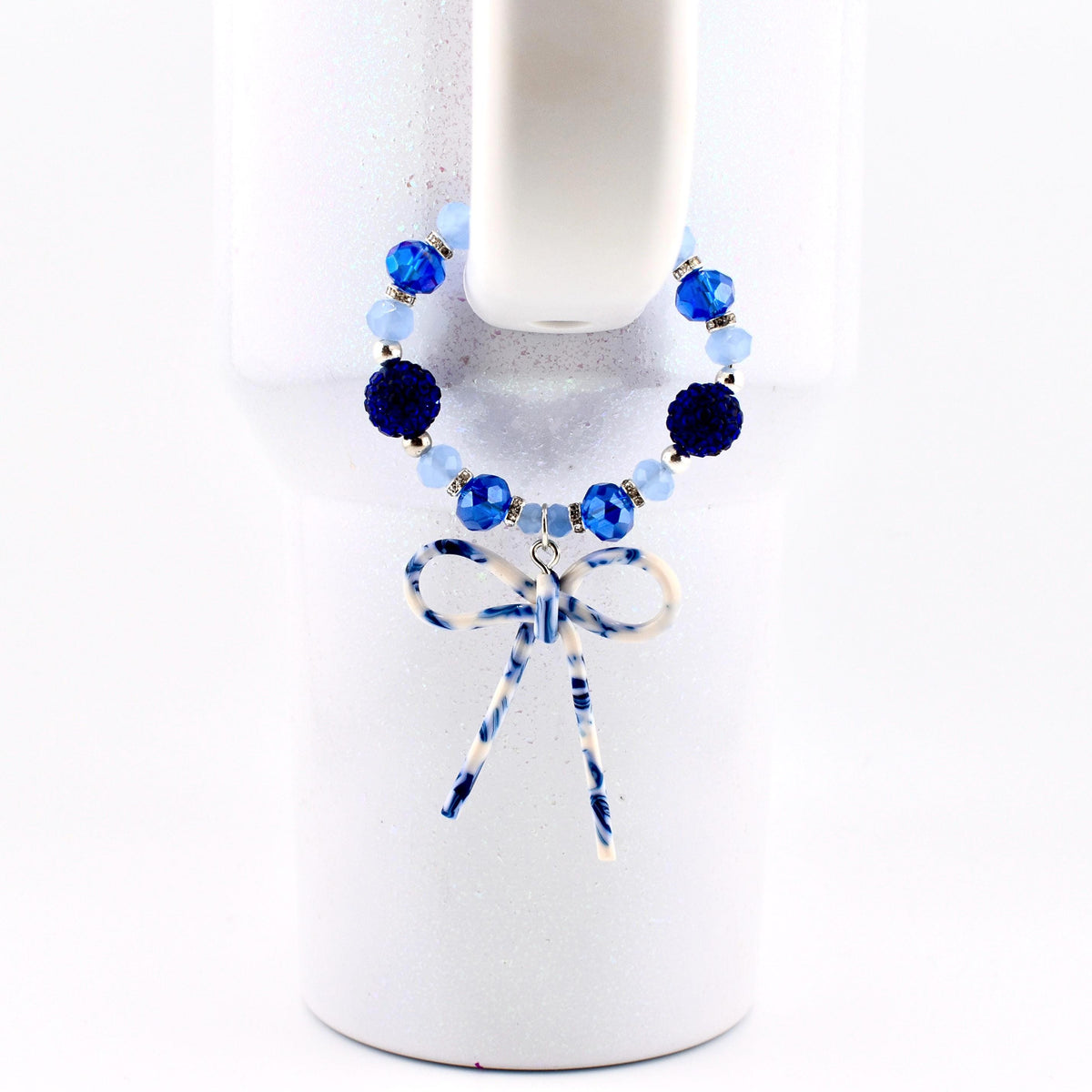 Blue Crystal Beaded Bracelet with Marbled Bow Charm | Handmade Tumbler Accessory