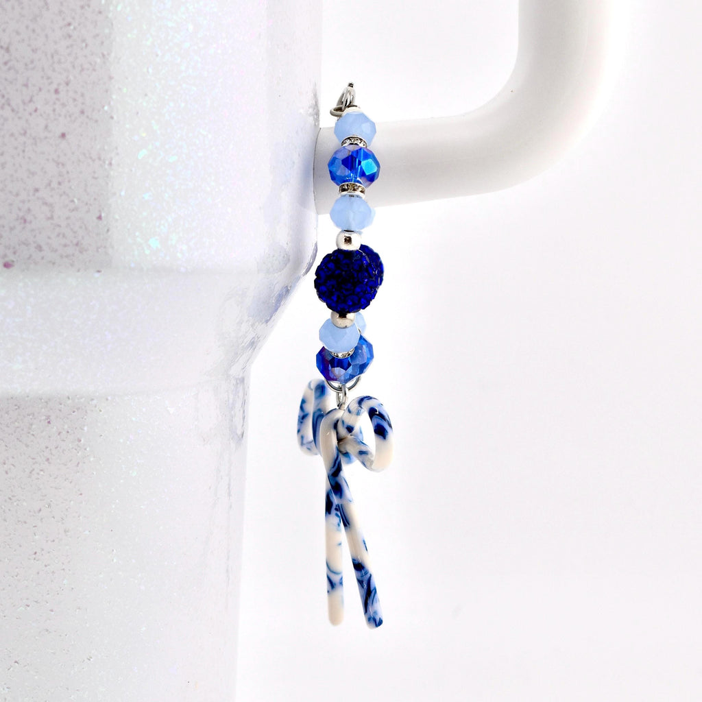 Blue Crystal Beaded Bracelet with Marbled Bow Charm | Handmade Tumbler Accessory