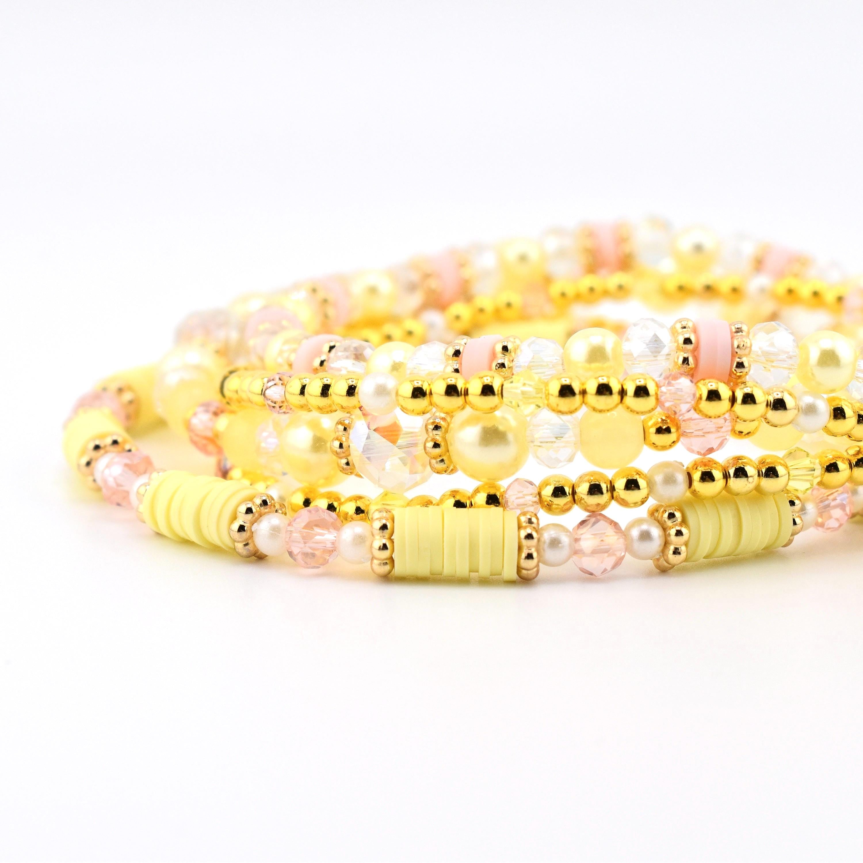 Lemon Haze & Polaroid Rose Bracelet Collection: Yellow Pink And Gold Beaded Bracelets