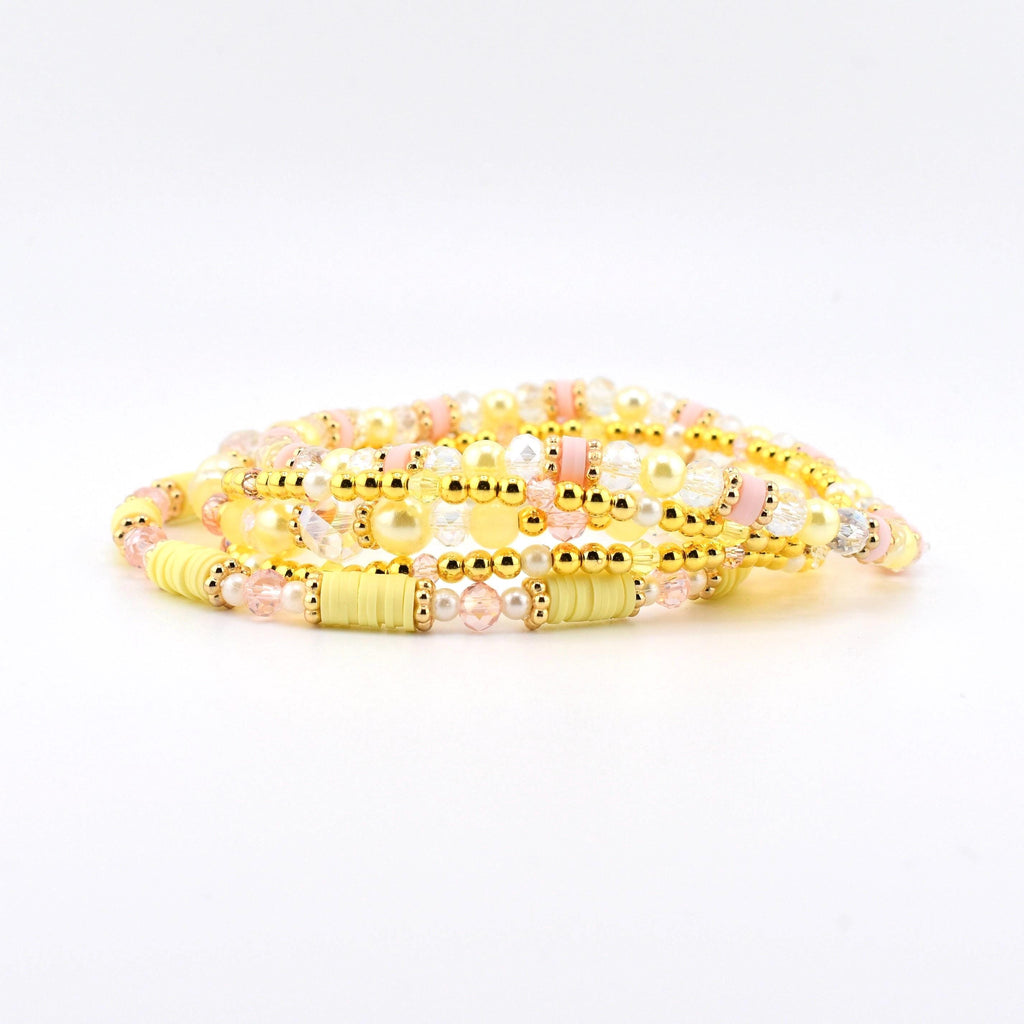 Lemon Haze & Polaroid Rose Bracelet Collection: Yellow Pink And Gold Beaded Bracelets