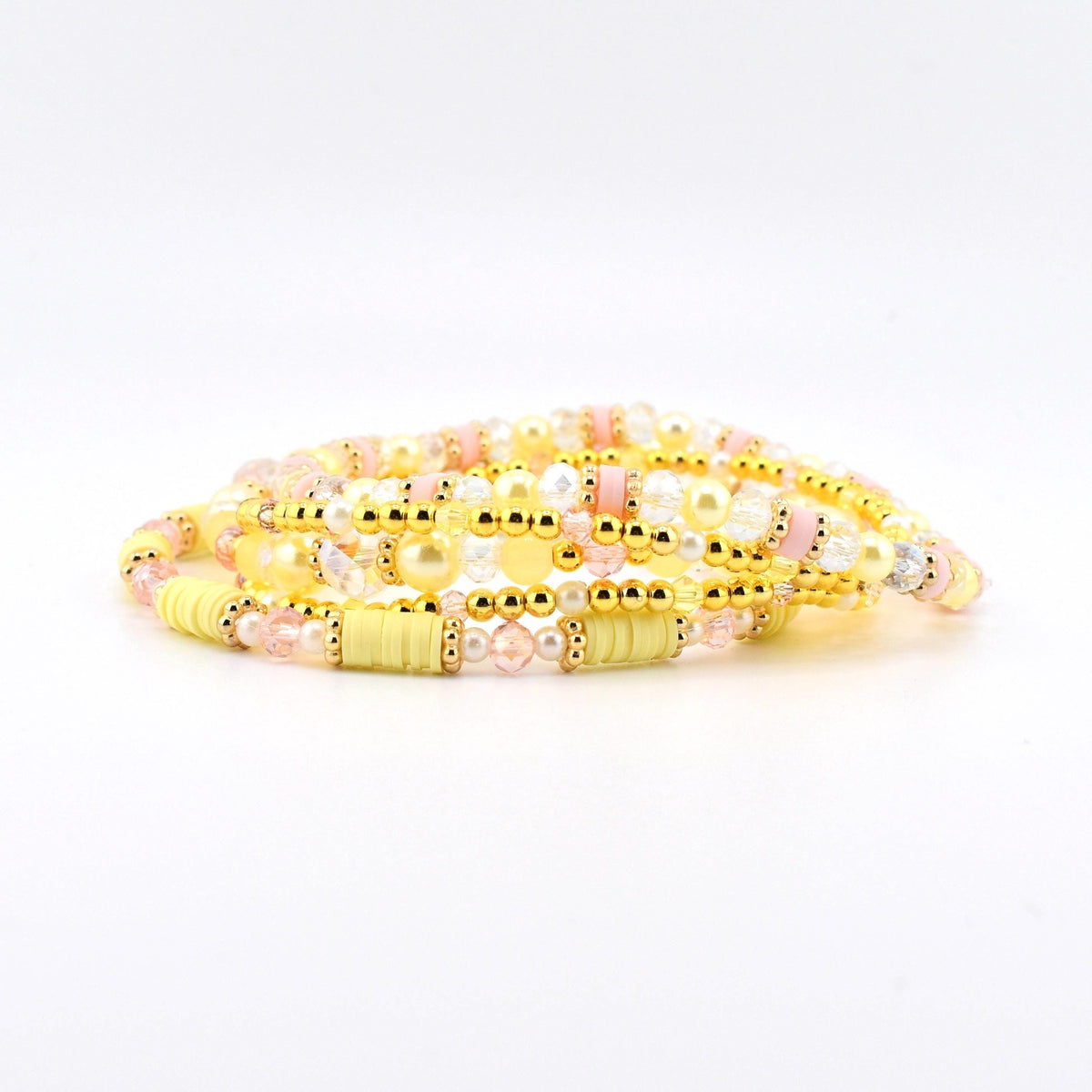 Lemon Haze & Polaroid Rose Bracelet Collection: Yellow Pink And Gold Beaded Bracelets