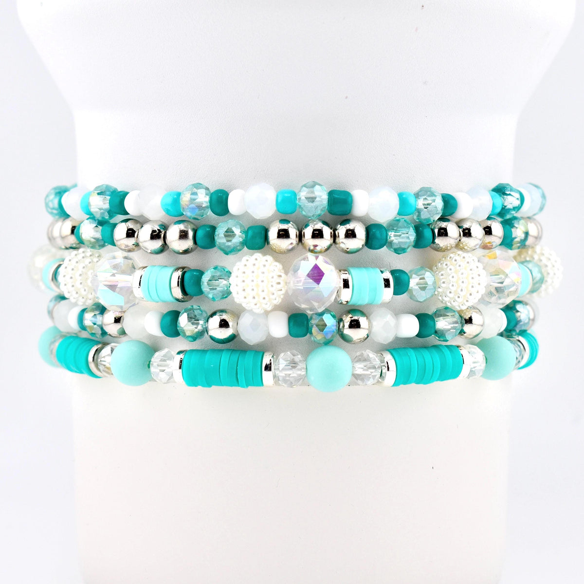 Teal Daisies Bracelet Collection: Teal Pearl and Silver Beaded Bracelets