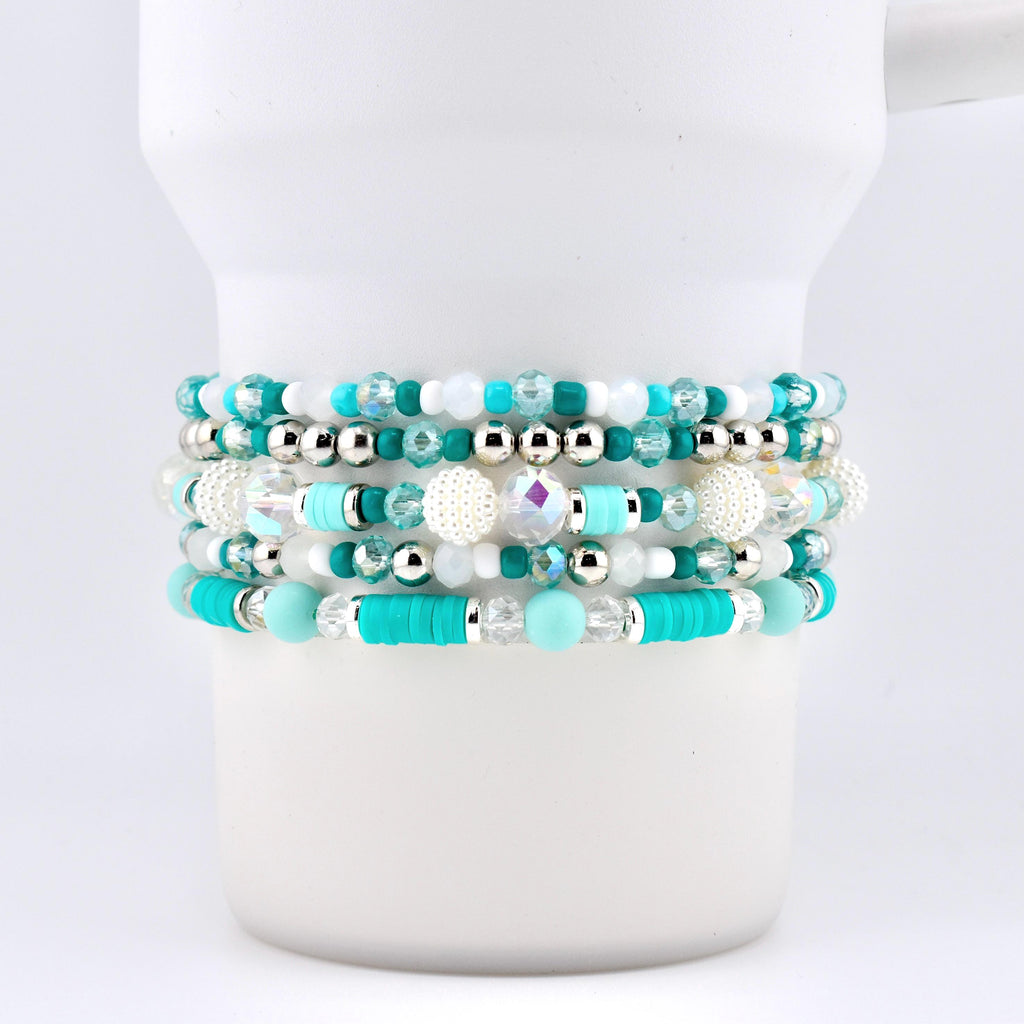 Teal Daisies Bracelet Collection: Teal Pearl and Silver Beaded Bracelets