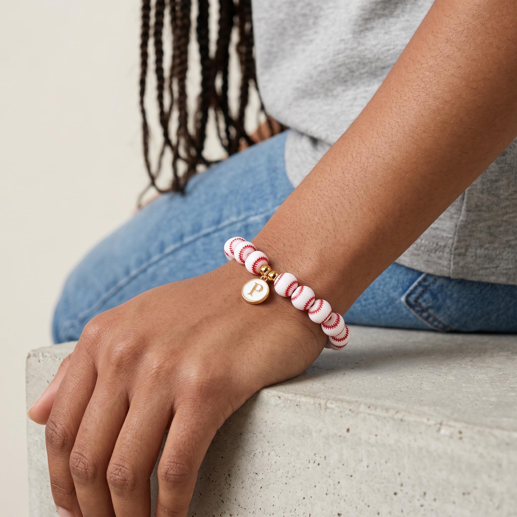 Handmade Baseball Bracelet with Initial Charm, Sports Jewelry Gift for Wife, Team Stack
