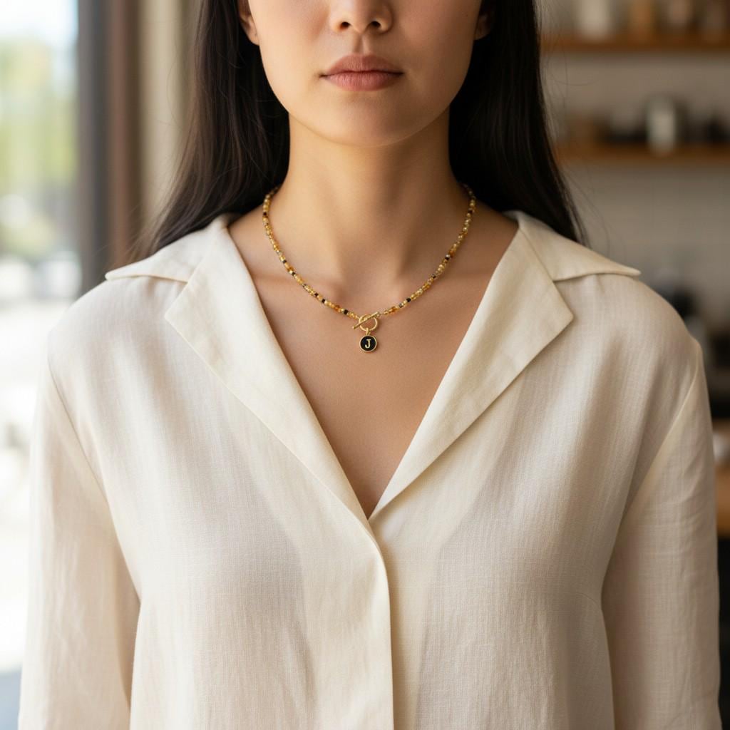 Personalized Initial Necklace with Front Toggle Clasp, Amber and Gold Seed Bead Choker, Custom Letter Charm, Earthy Beaded Jewelry Gift