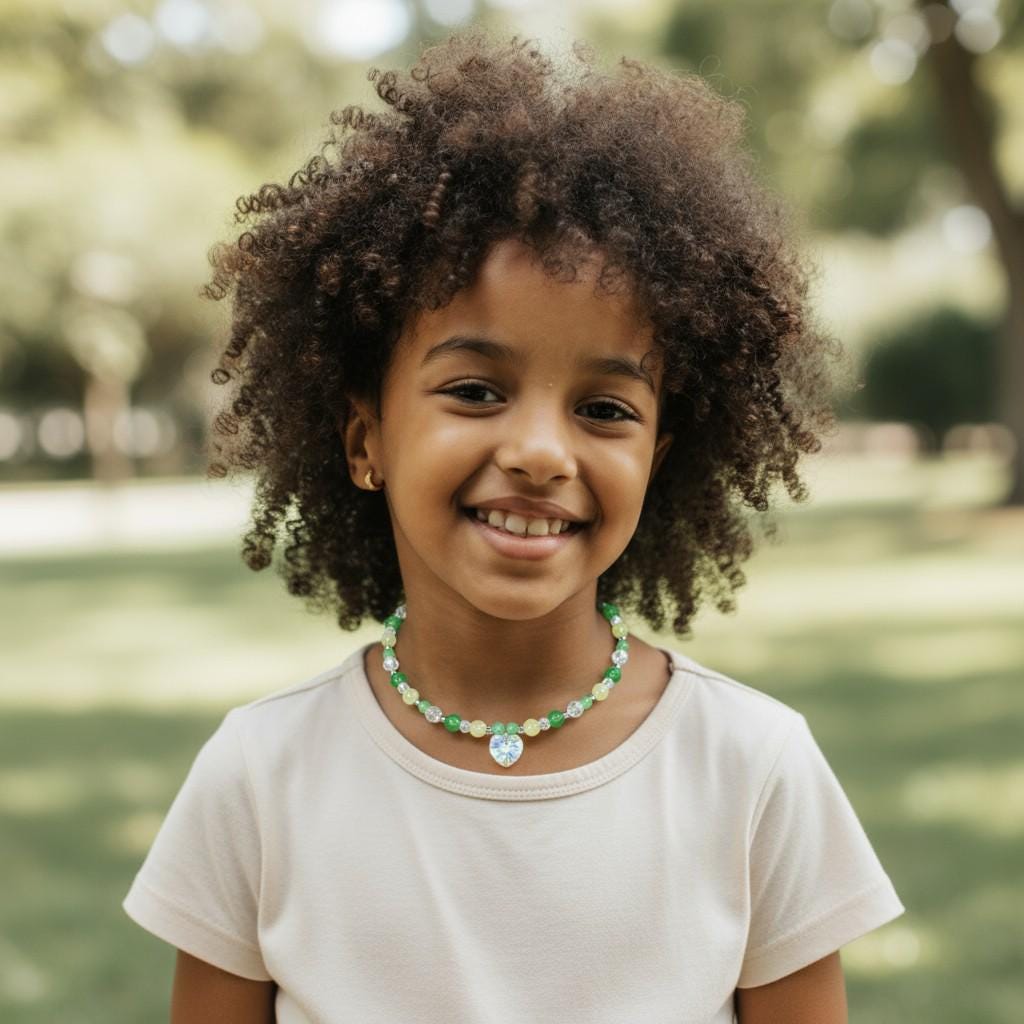 May include: A young person wearing a beaded necklace with green, yellow, and clear beads. The necklace has a heart-shaped pendant. The person is wearing a light-colored t-shirt and smiling. The background is a blurred outdoor scene.