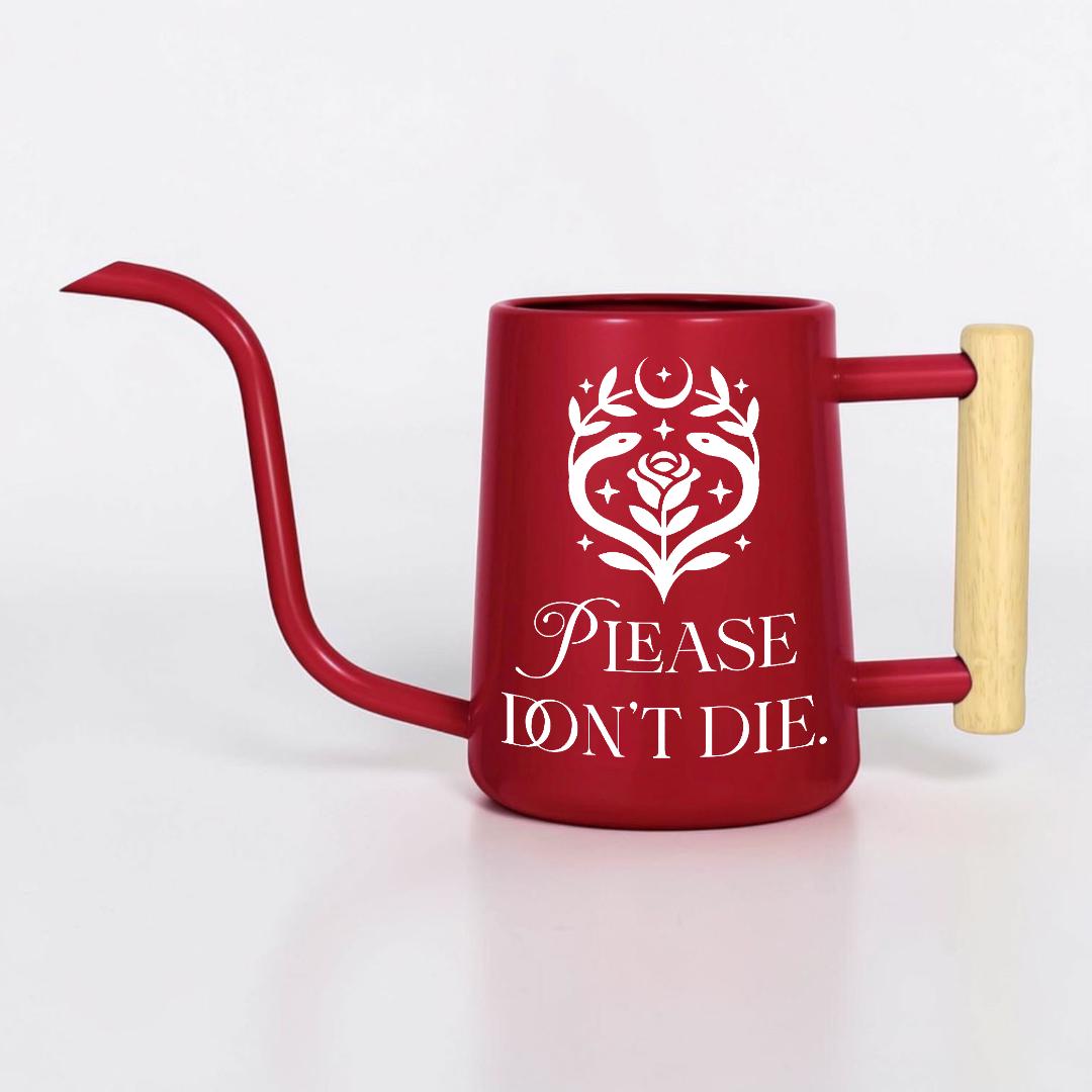 Metal Watering Can with Please Don't Die Plant Pun Design