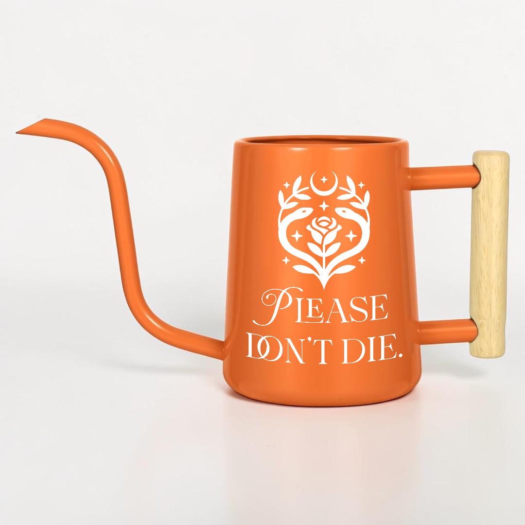 Metal Watering Can with Please Don't Die Plant Pun Design