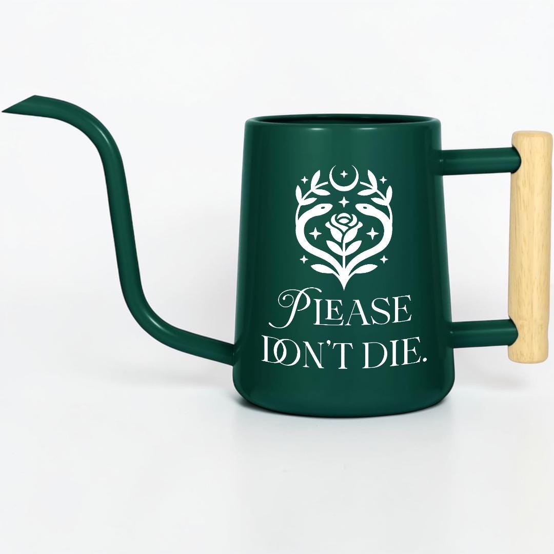 Metal Watering Can with Please Don't Die Plant Pun Design