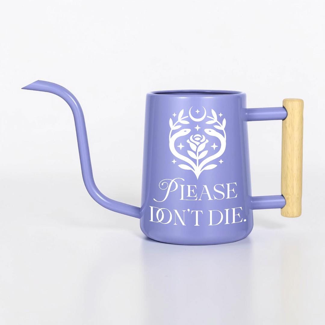 Metal Watering Can with Please Don't Die Plant Pun Design