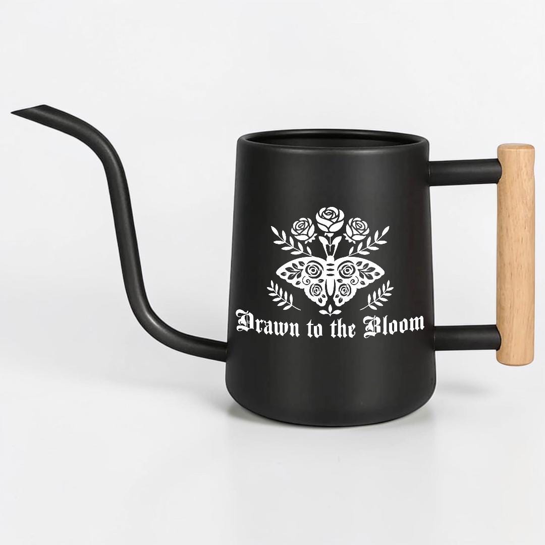 Gothic Moth Watering Can, Plant Watering Can with Wooden Handle, Floral Moth Plant Lover Gift, Goth Cottagecore Plant Decor