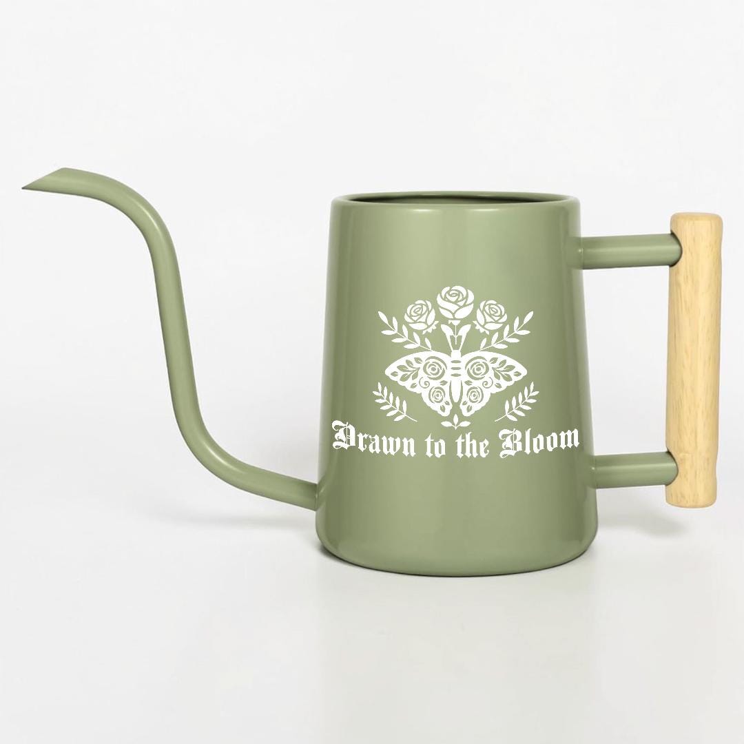 Gothic Moth Watering Can, Plant Watering Can with Wooden Handle, Floral Moth Plant Lover Gift, Goth Cottagecore Plant Decor