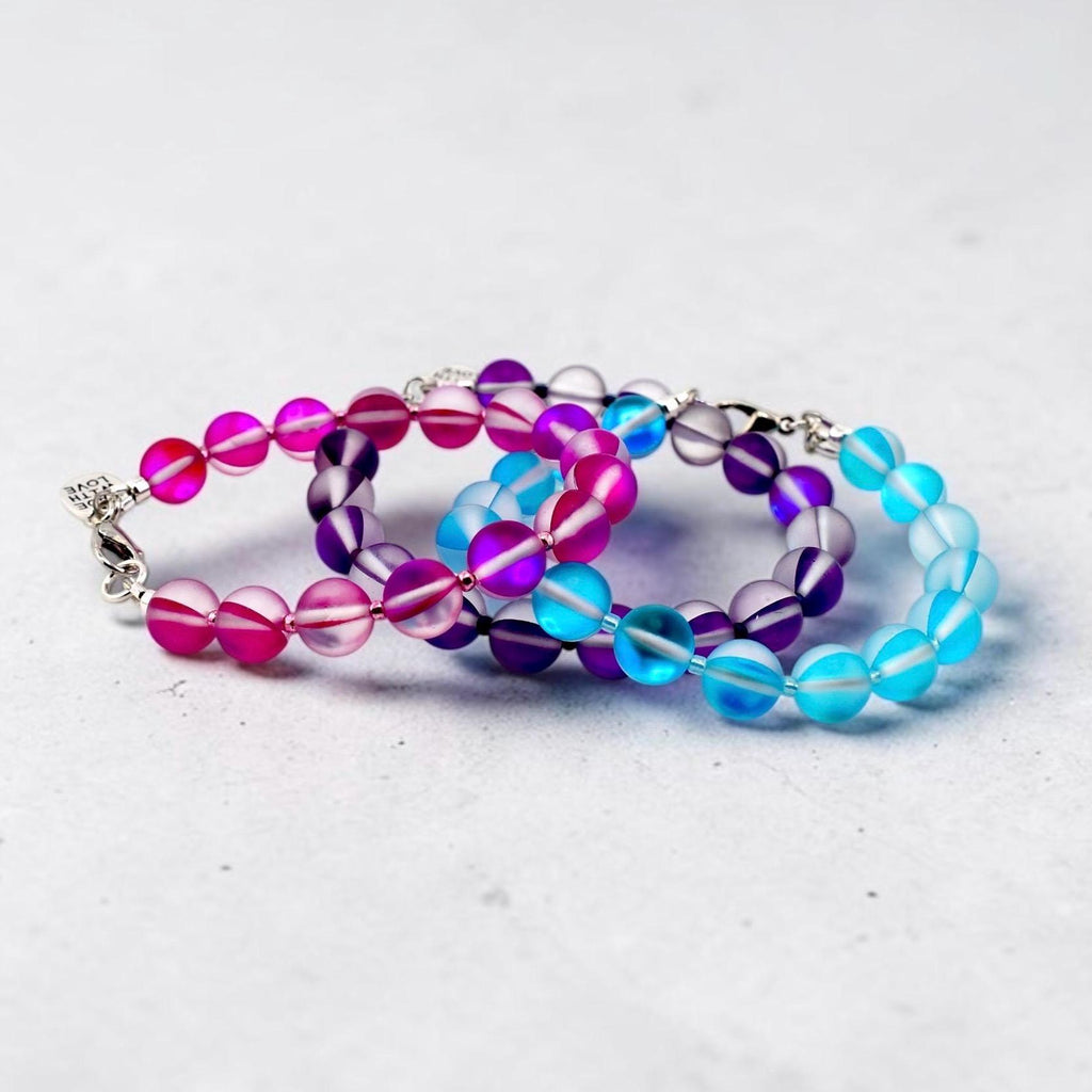 Frosted Glass Bead Bracelet: Sea Glass Style, Aqua, Pink, Purple Stackable Jewelry