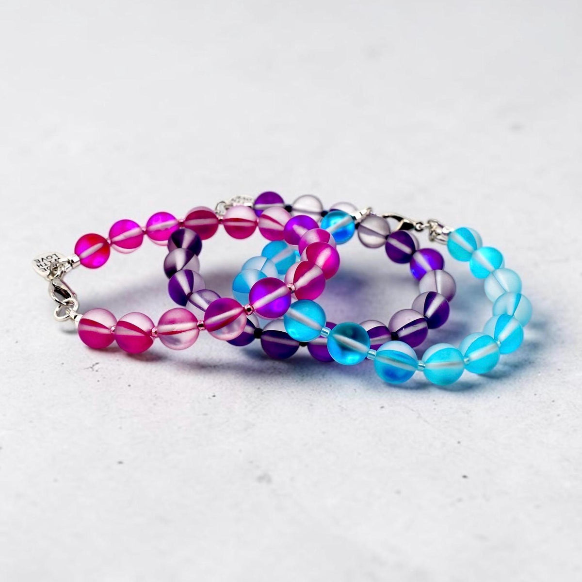 Frosted Glass Bead Bracelet: Sea Glass Style, Aqua, Pink, Purple Stackable Jewelry
