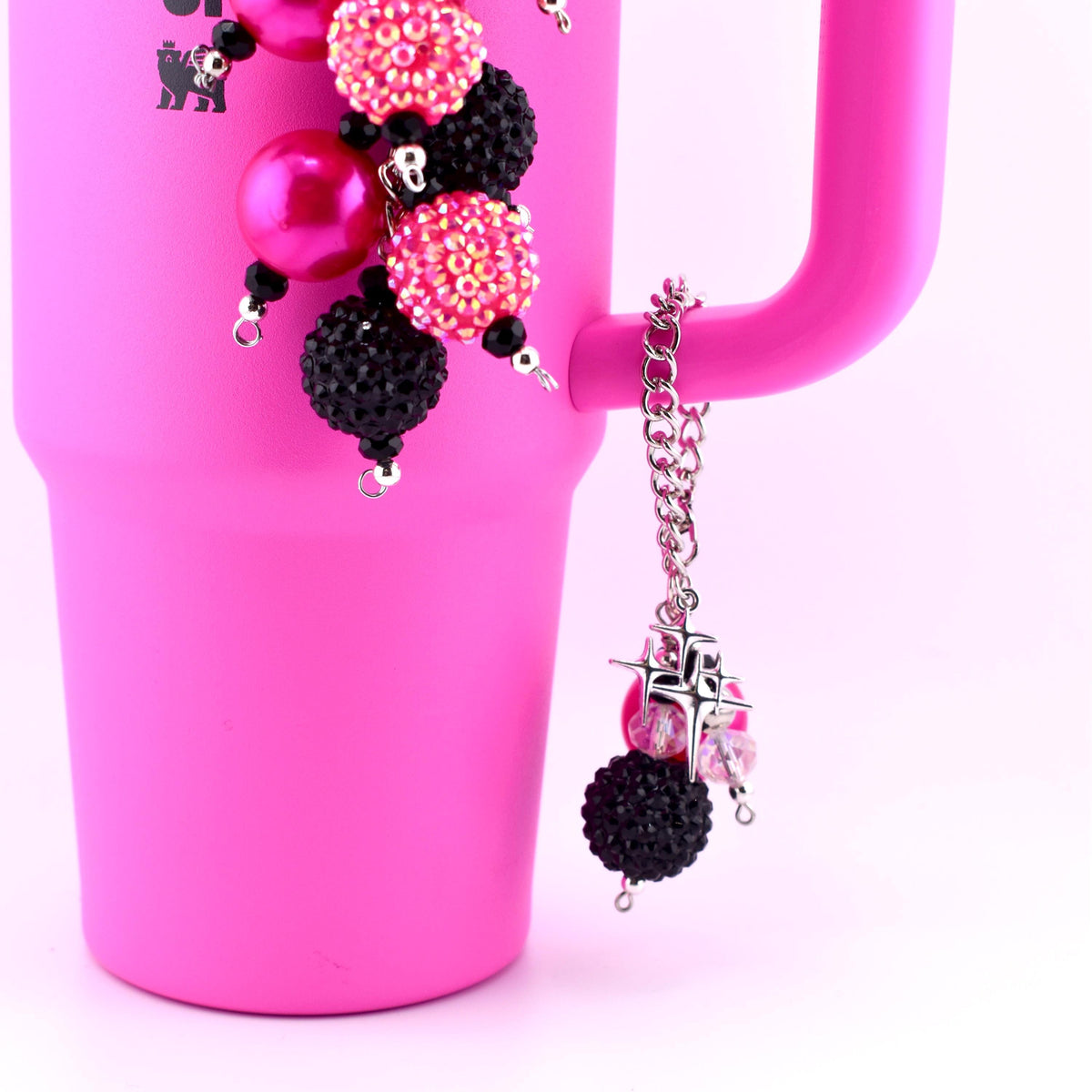 Hot Pink Black Beaded Tumbler Charm – Handle, Straw, Bag Accessory